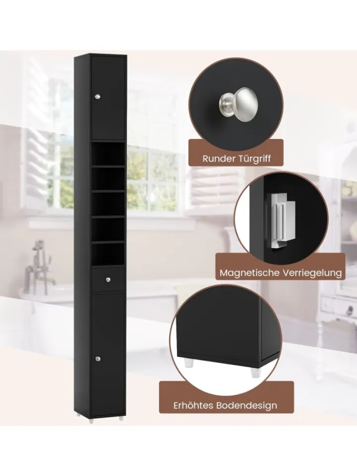 COSTWAY Badmöbel|Badezimmermöbel<Hochschrank schmal 180 cm in Schwarz