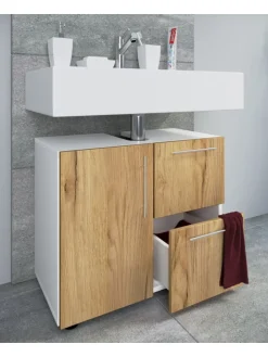VCM Badezimmermöbel<Holz Badmöbel Badunterschrank Flandu Schublade in Weiß / Honig-Eiche