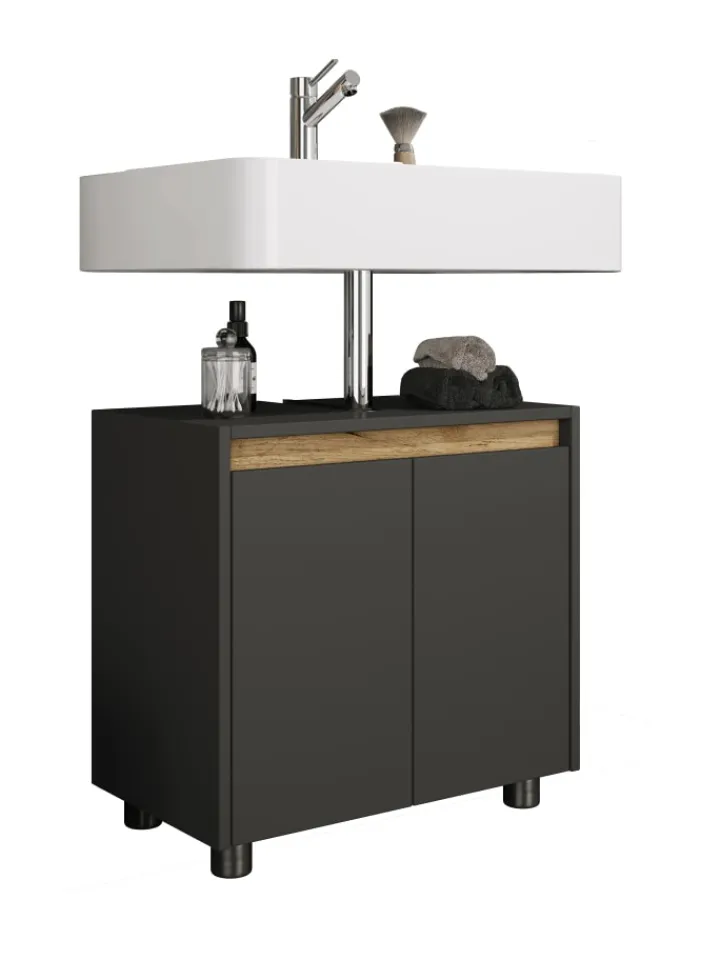 VCM Badmöbel<Holz Badschrank Badunterschrank Waschbecken Cosila in Anthrazit / Honig-Eiche