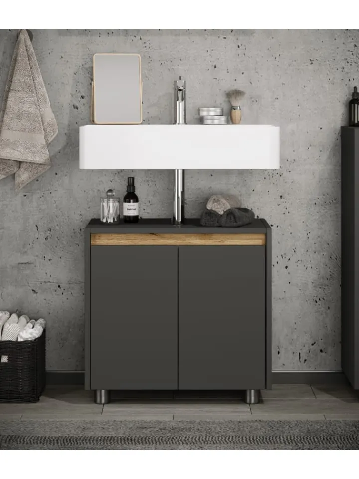 VCM Badmöbel<Holz Badschrank Badunterschrank Waschbecken Cosila in Anthrazit / Honig-Eiche