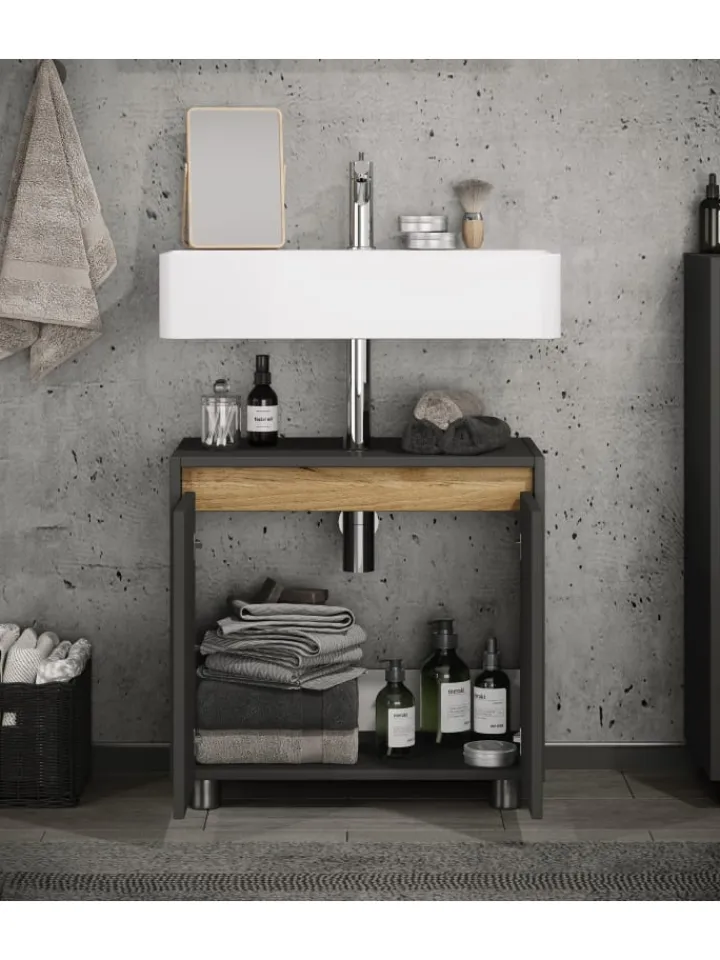 VCM Badmöbel<Holz Badschrank Badunterschrank Waschbecken Cosila in Anthrazit / Honig-Eiche