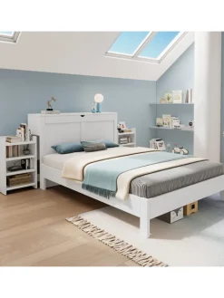 ABRIHOME Betten & Matratzen<Holzbett Doppelbett mit Lattenrost und Nachttischen 140x200cm in Weiß