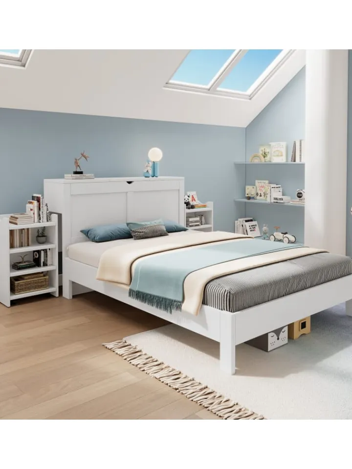 ABRIHOME Betten & Matratzen<Holzbett Doppelbett mit Lattenrost und Nachttischen 140x200cm in Weiß