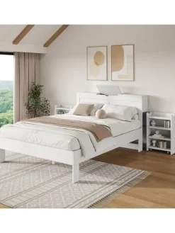 ABRIHOME Betten & Matratzen<Holzbett Doppelbett mit Lattenrost und Nachttischen 140x200cm in Weiß