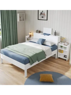 ABRIHOME Betten & Matratzen<Holzbett Doppelbett mit Lattenrost und Nachttischen 140x200cm in Weiß