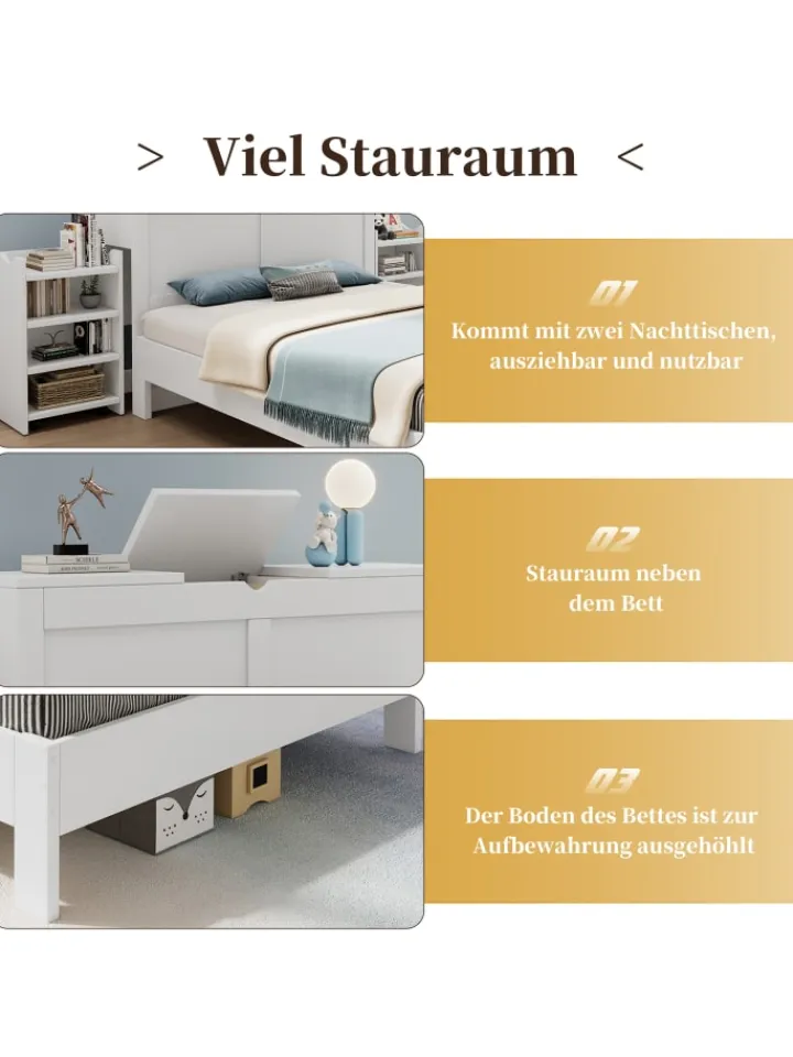ABRIHOME Betten & Matratzen<Holzbett Doppelbett mit Lattenrost und Nachttischen 140x200cm in Weiß