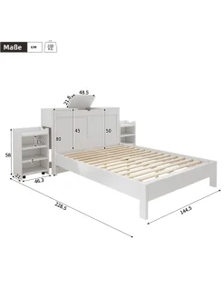 ABRIHOME Betten & Matratzen<Holzbett Doppelbett mit Lattenrost und Nachttischen 140x200cm in Weiß