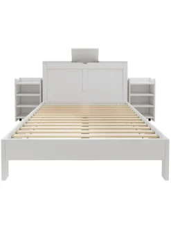ABRIHOME Betten & Matratzen<Holzbett Doppelbett mit Lattenrost und Nachttischen 140x200cm in Weiß