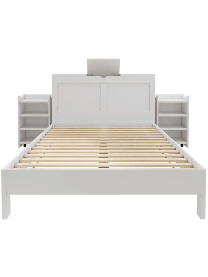 ABRIHOME Betten & Matratzen<Holzbett Doppelbett mit Lattenrost und Nachttischen 140x200cm in Weiß