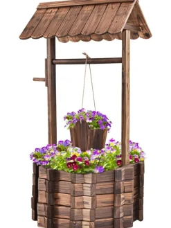 COSTWAY Gartendekoration<Holzbrunnen mit Dach in Braun