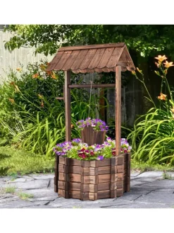 COSTWAY Gartendekoration<Holzbrunnen mit Dach in Braun