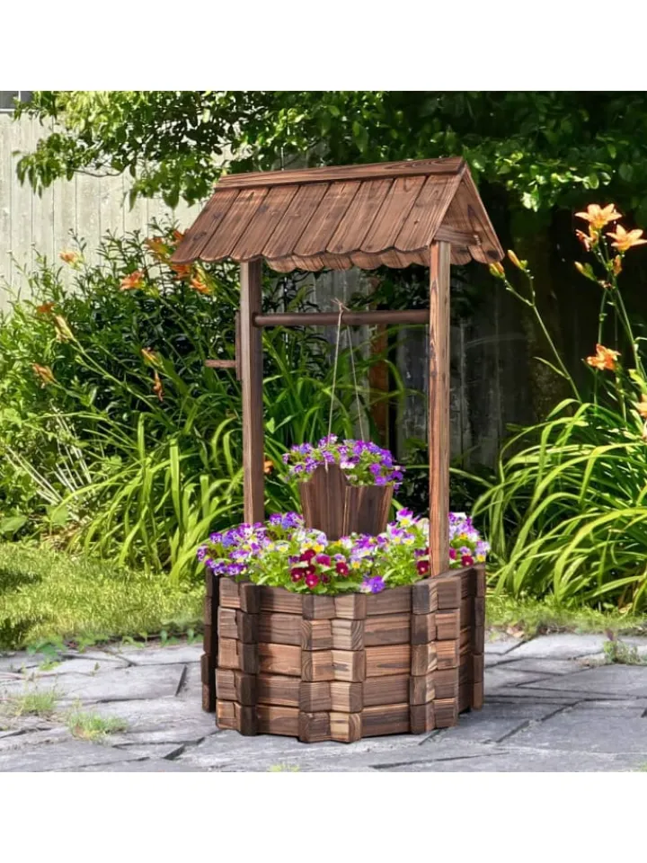 COSTWAY Gartendekoration<Holzbrunnen mit Dach in Braun