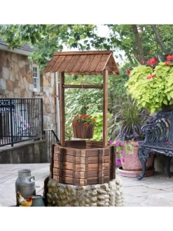 COSTWAY Gartendekoration<Holzbrunnen mit Dach in Braun
