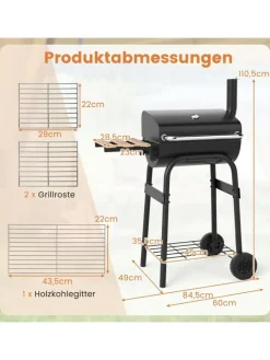 COSTWAY Grillen<Holzkohlegrill Grillwagen 84,5 x 49 x 110,5 cm in Schwarz