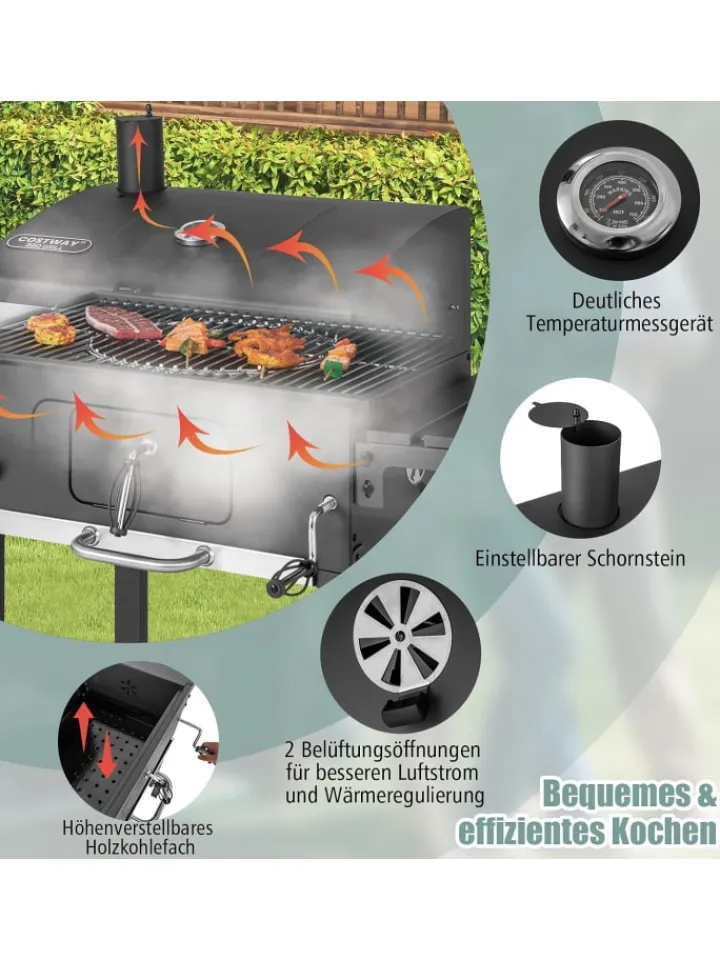 COSTWAY Grillen<Holzkohlegrill mit Deckel XXL in Schwarz