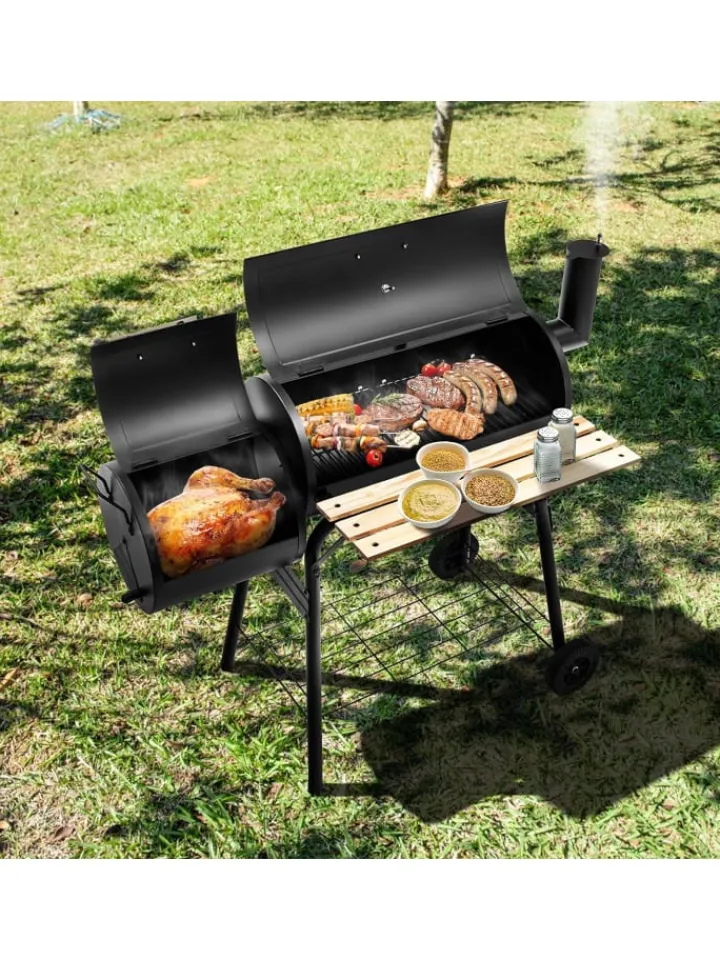 COSTWAY Grillen<Holzkohlegrill Räucher-/Grillfunktion 2 in 1 in Schwarz
