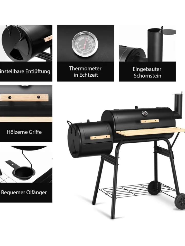 COSTWAY Grillen<Holzkohlegrill Räucher-/Grillfunktion 2 in 1 in Schwarz