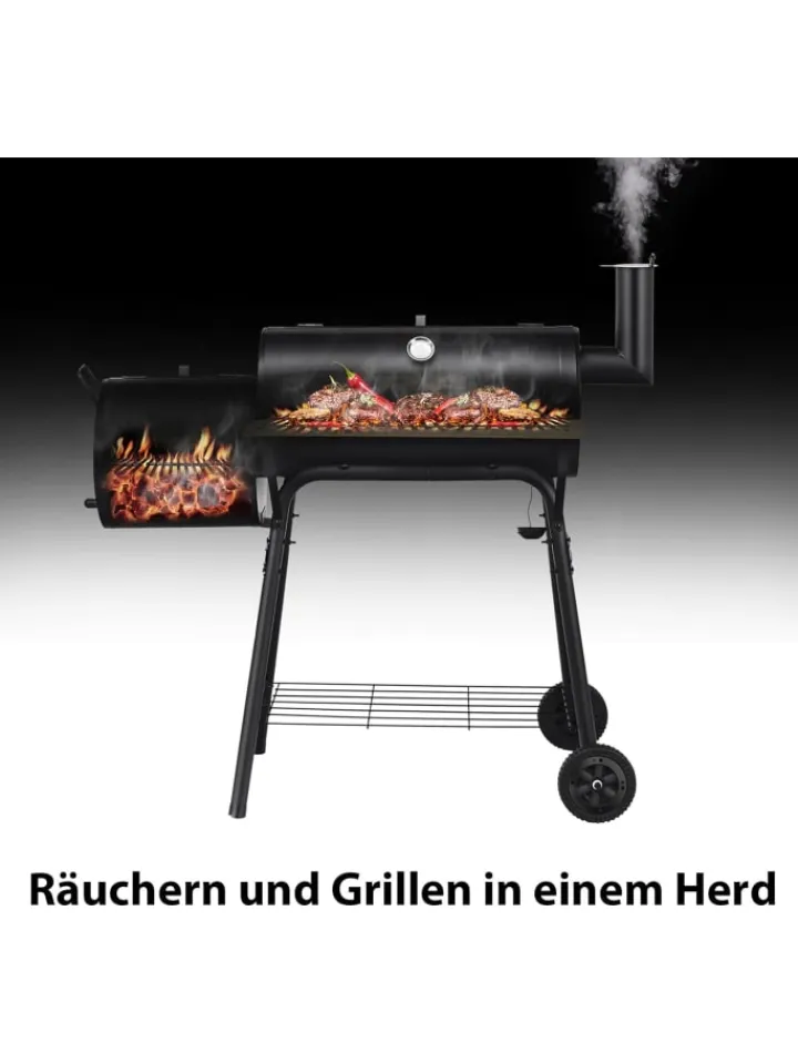 COSTWAY Grillen<Holzkohlegrill Räucher-/Grillfunktion 2 in 1 in Schwarz