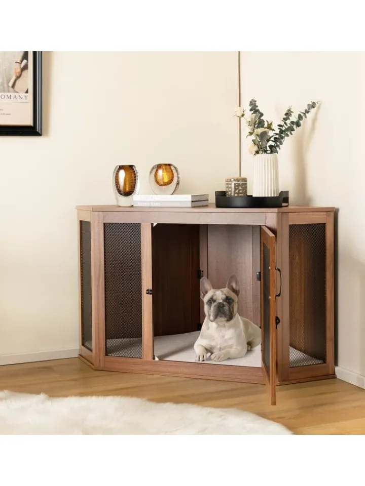 COSTWAY Hunde<Hundehütte Eckdesign 114x60x68cm in Braun