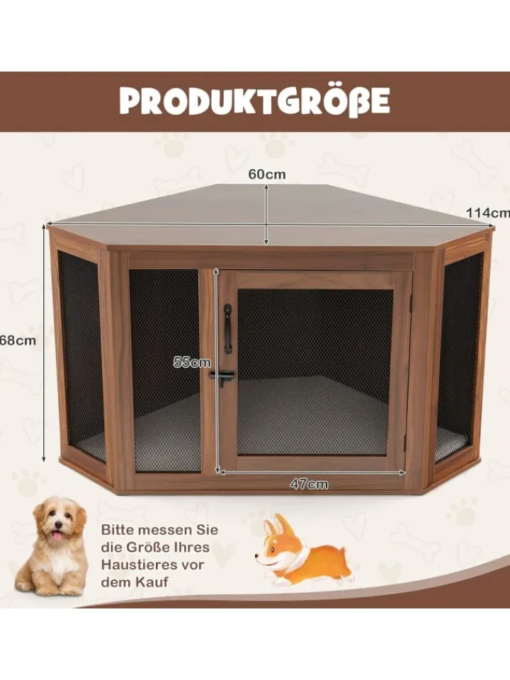 COSTWAY Hunde<Hundehütte Eckdesign 114x60x68cm in Braun