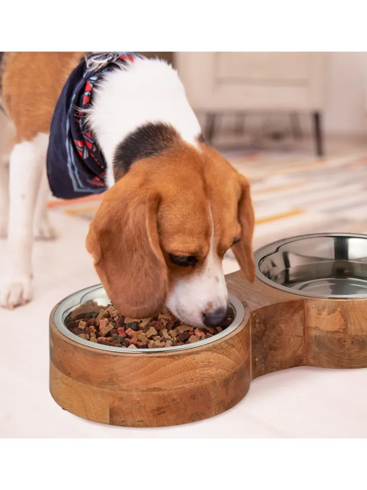 relaxdays Hunde<Hundenapfbar in Natur/ Silber - (B)48 x (H)8 x (T)22 cm