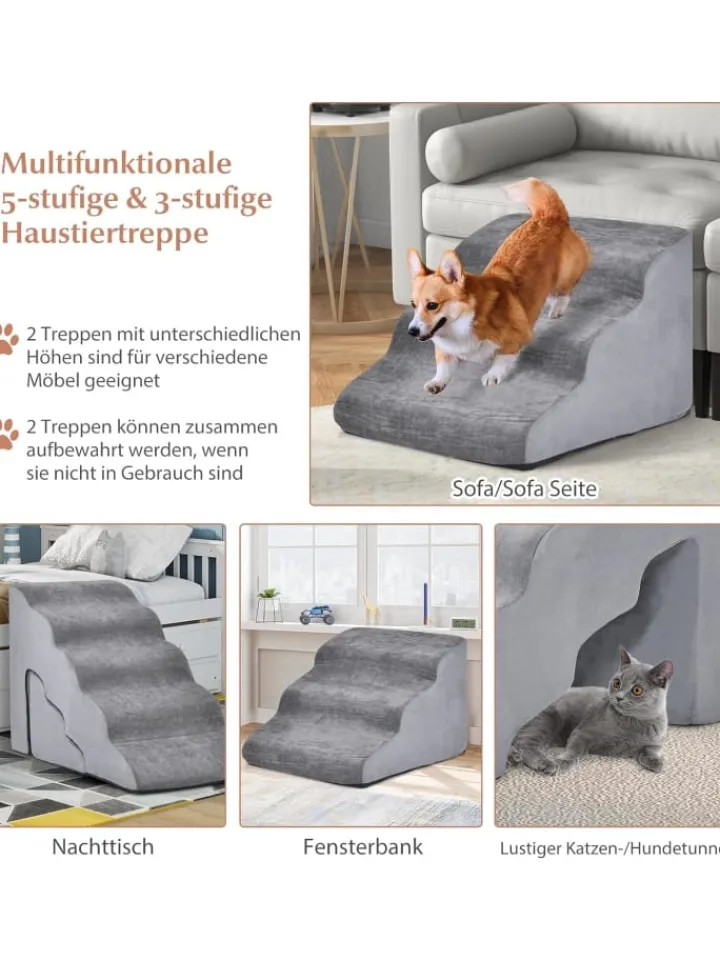 COSTWAY Hunde<Hundetreppe 5+3 Stufen in Grau