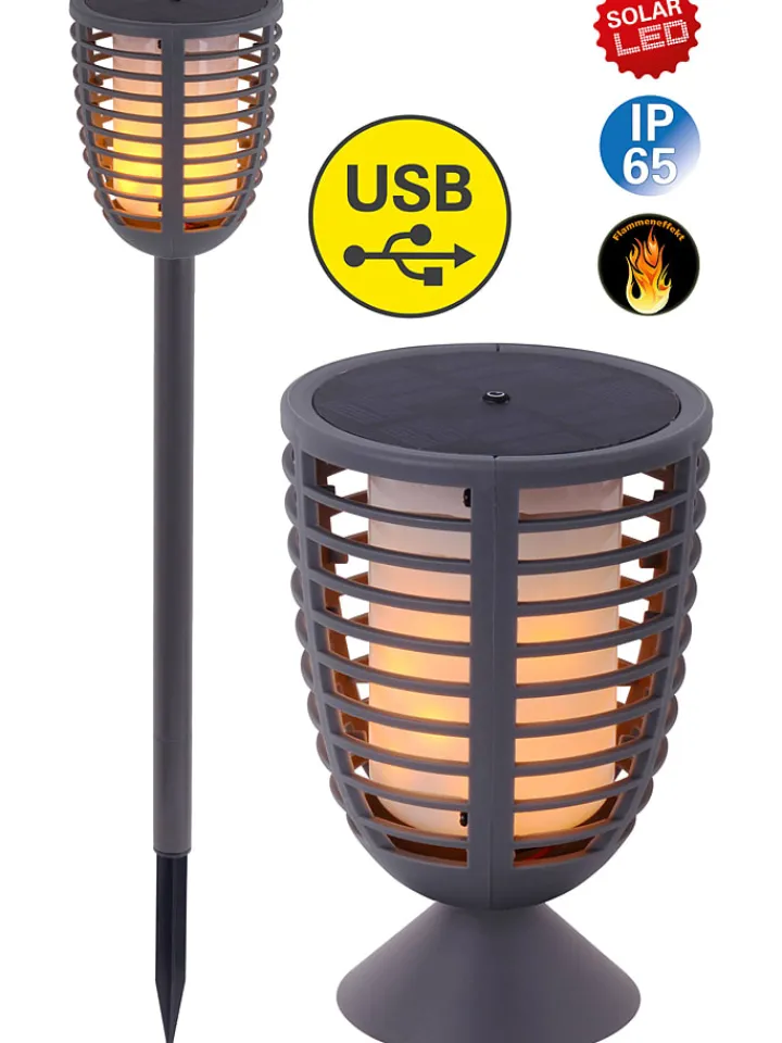 näve Außenleuchten|Außenbeleuchtung<2in1-LED-Solar-Gartenstecker "Fackel" in Grau
