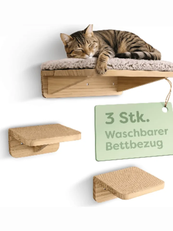 Knupis Katzen<Katzen Kletterwand Set mit Katzenbett & 2X Katzentreppe - Kiefernholz