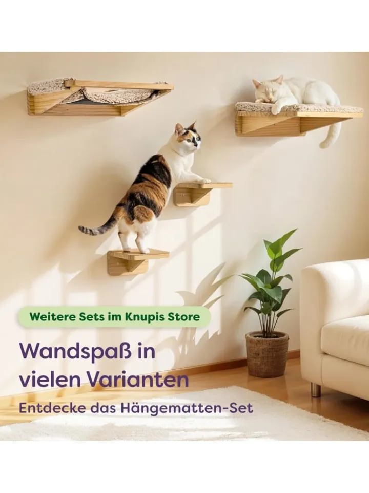 Knupis Katzen<Katzen Kletterwand Set mit Katzenbett & 2X Katzentreppe - Kiefernholz