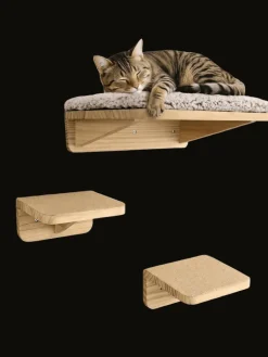 Knupis Katzen<Katzen Kletterwand Set mit Katzenbett & 2X Katzentreppe - Kiefernholz