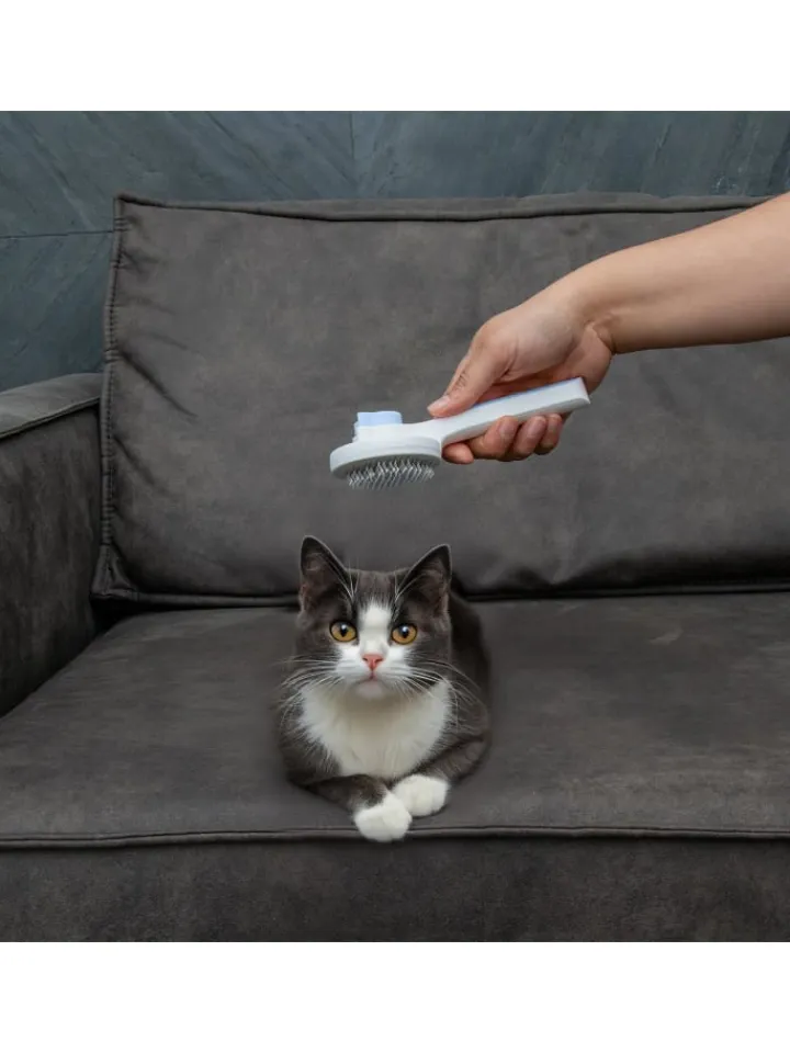 Intirilife Katzen<Katzenbürste Hundebürste Fellbürste selbstreinigend in Blau Weiß