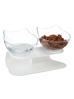 relaxdays Katzen<Katzen-Doppelnapf in Weiß/ Transparent - (B)27,5 x (H)16 x (T)13,5 cm