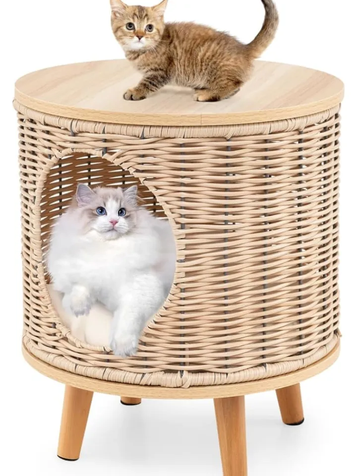 COSTWAY Katzen<Katzenhaus Rattan in Hellbraun