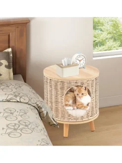 COSTWAY Katzen<Katzenhaus Rattan in Hellbraun