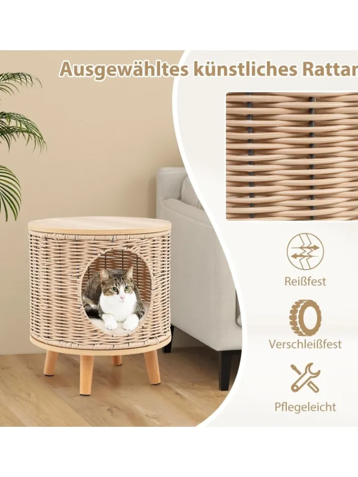COSTWAY Katzen<Katzenhaus Rattan in Hellbraun
