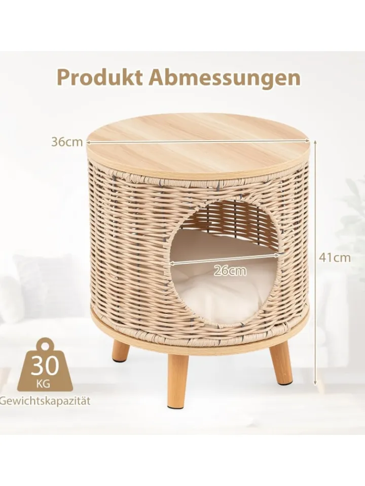COSTWAY Katzen<Katzenhaus Rattan in Hellbraun