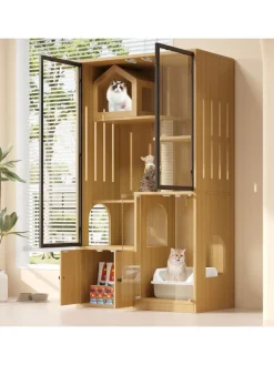 ABRIHOME Katzen<Katzenkäfig mit Kratzpfosten in Ahornholzfarbe - 90*50*160cm