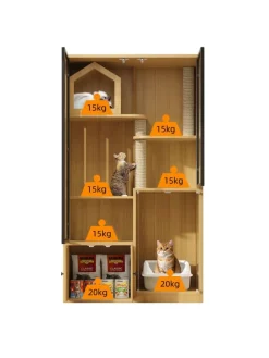 ABRIHOME Katzen<Katzenkäfig mit Kratzpfosten in Ahornholzfarbe - 90*50*160cm