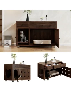 ABRIHOME Katzen<Katzenkloschrank mit abnehmbare Sandablassplatte in Nussbaumfarbe - 100×45×66cm