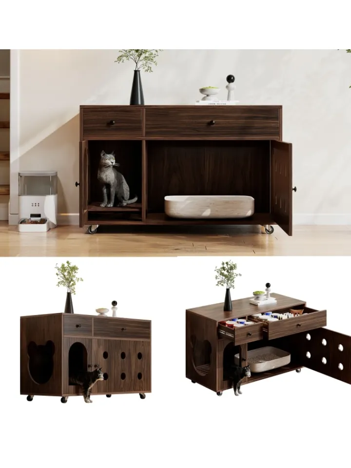 ABRIHOME Katzen<Katzenkloschrank mit abnehmbare Sandablassplatte in Nussbaumfarbe - 100×45×66cm