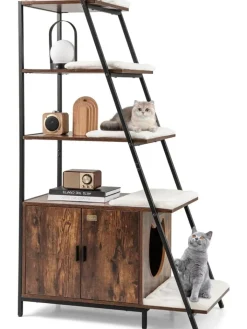 COSTWAY Katzen<Katzenschrank mit Leiterregal in Braun