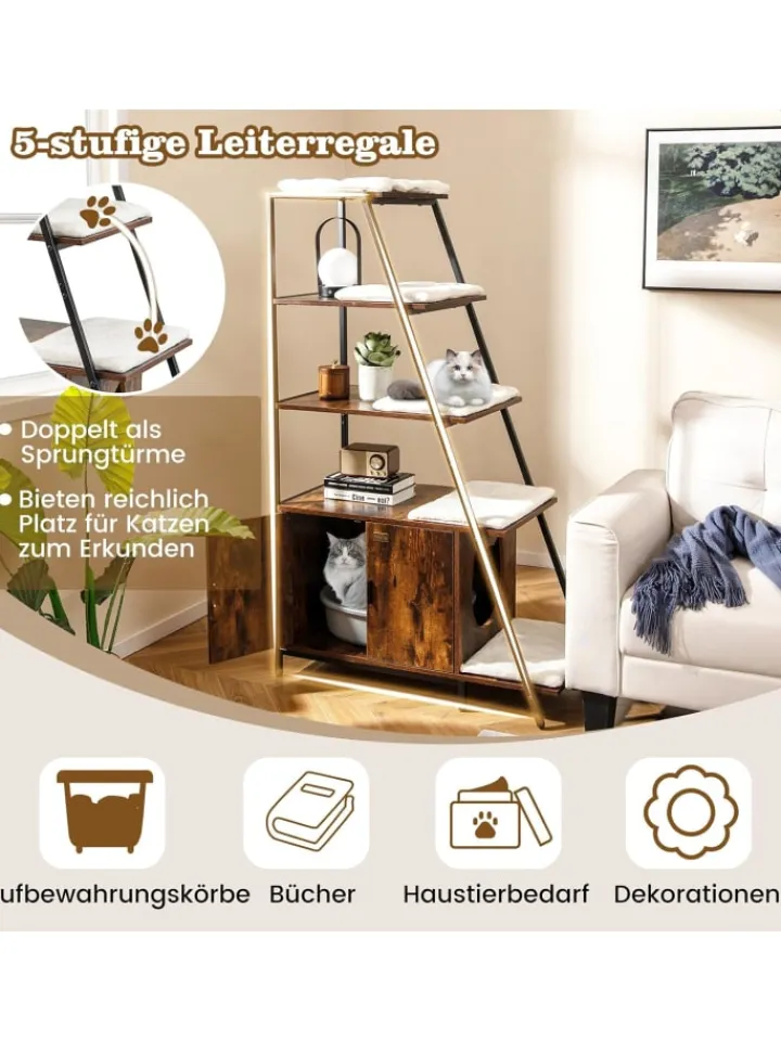 COSTWAY Katzen<Katzenschrank mit Leiterregal in Braun
