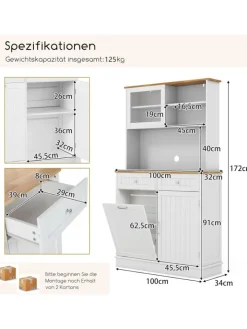 COSTWAY Regale & Schränke<Küchenschrank für 45 L Mülleimer 100 x 34 x 172 cm in Weiß