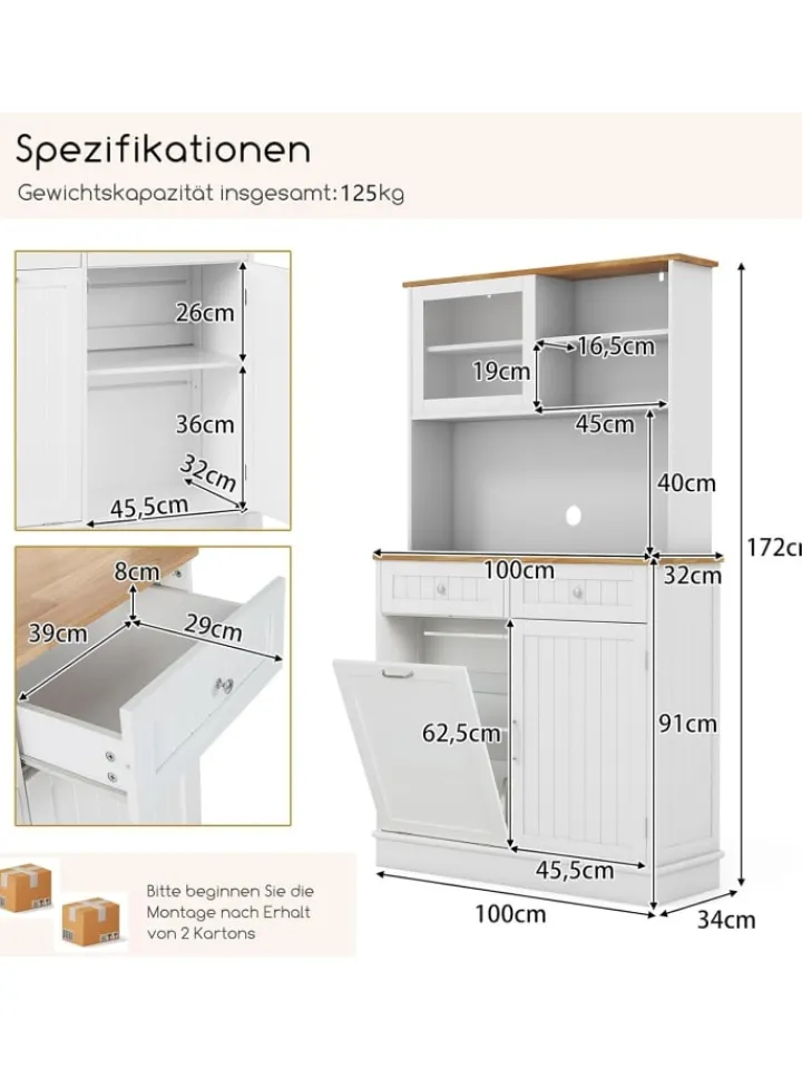 COSTWAY Regale & Schränke<Küchenschrank für 45 L Mülleimer 100 x 34 x 172 cm in Weiß