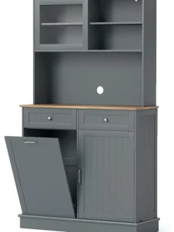 COSTWAY Regale & Schränke<Küchenschrank für 45 L Mülleimer 100 x 34 x 172 cm in Grau