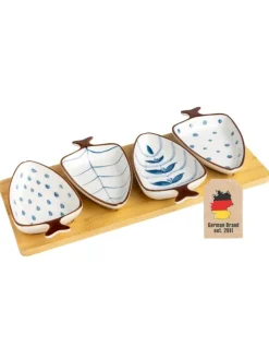 Intirilife Dekoschalen<Keramik Dip-Schalen Set mit Holz-Tablett in Blau - Weiß
