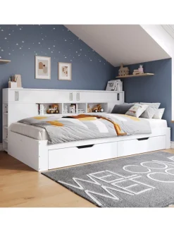 ABRIHOME Betten & Matratzen<Kinderbett in Weiß mit Schubladen Regal und Bettkasten 90x200 cm ohne Matratze