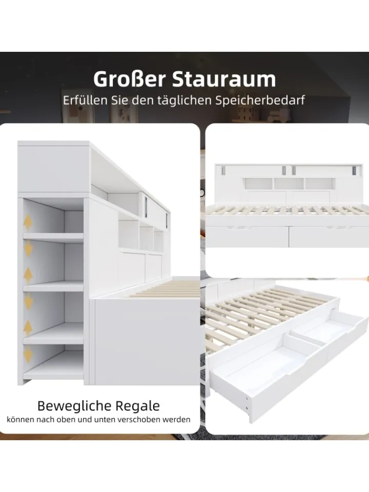 ABRIHOME Betten & Matratzen<Kinderbett in Weiß mit Schubladen Regal und Bettkasten 90x200 cm ohne Matratze