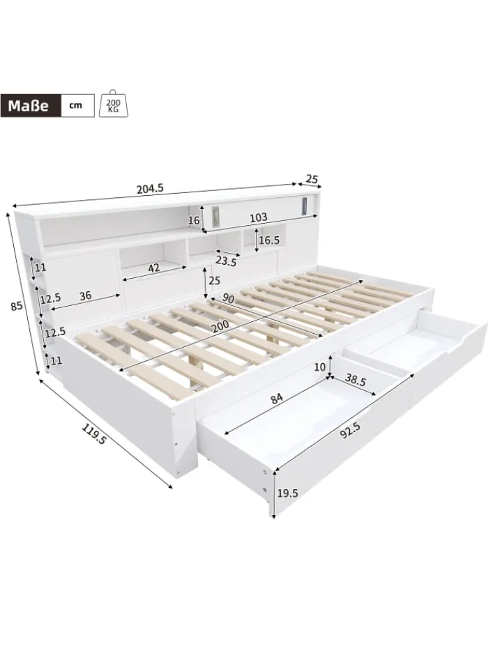 ABRIHOME Betten & Matratzen<Kinderbett in Weiß mit Schubladen Regal und Bettkasten 90x200 cm ohne Matratze