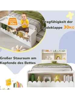 ABRIHOME Betten & Matratzen<Kinderbett in Weiß mit Stauraum Sitzbank und Regal 90x190 cm ohne Matratze